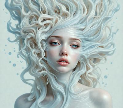 The primary subject of the image is a woman with blonde hair, who appears to be a model. She is wearing a white dress and has a blue eye. The setting is a studio, and the visual style is digital art. The colors and mood of the image are predominantly white, giving it a clean and elegant appearance.